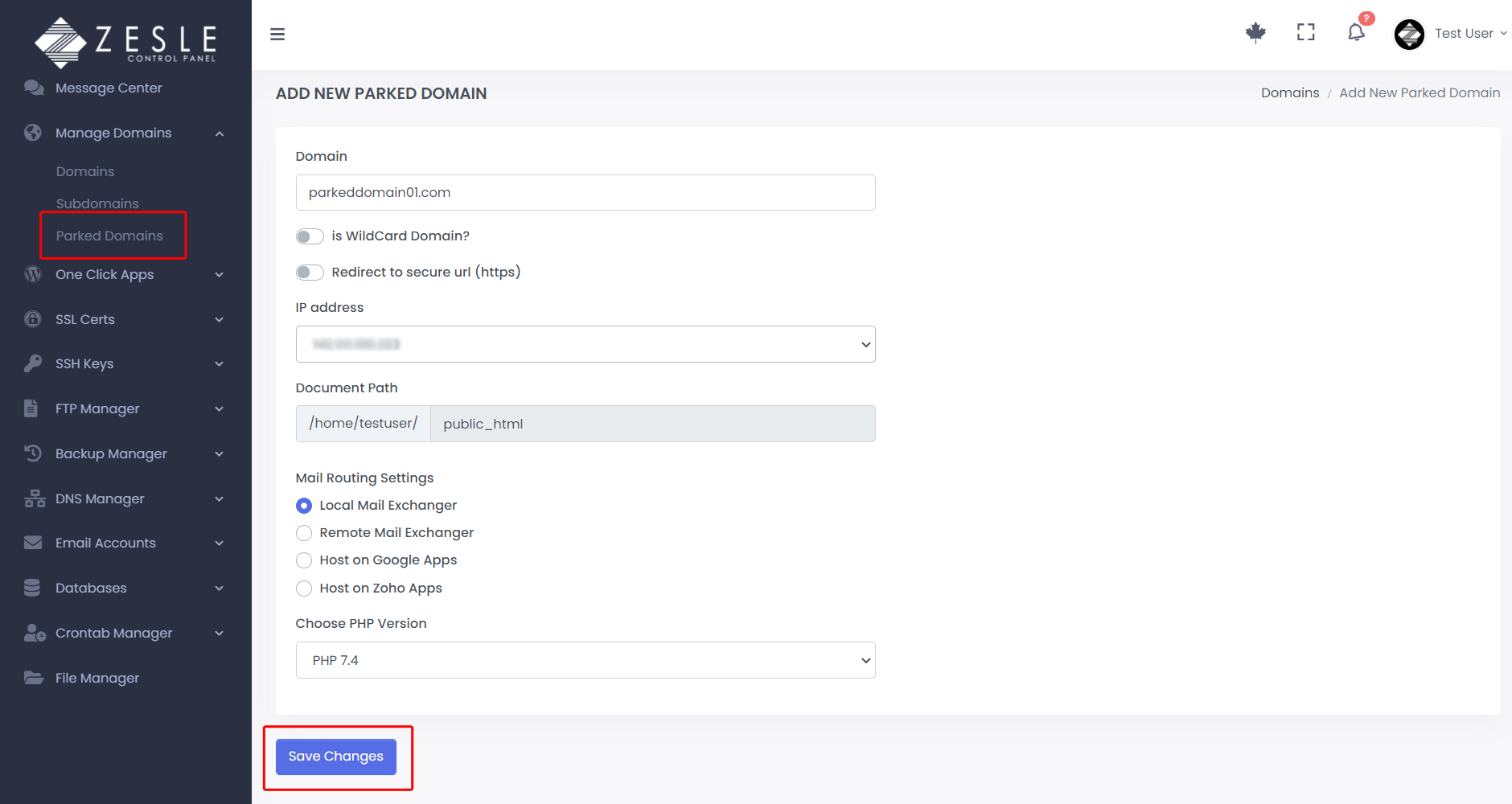 Add parked domain with ZesleCP