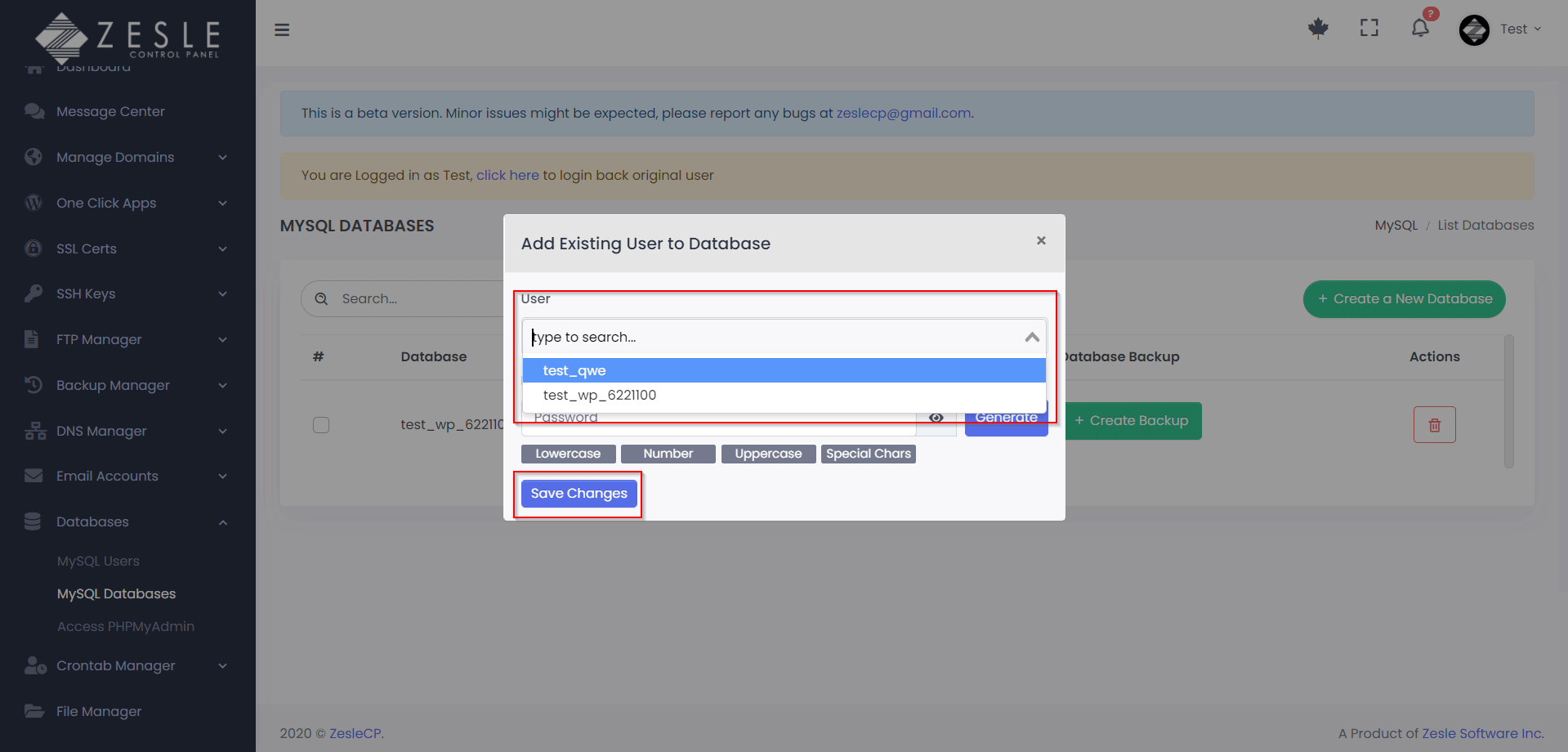 Assign MySQL user to database using ZesleCP